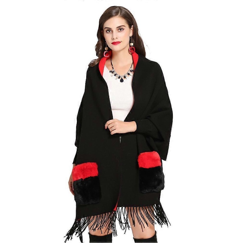 Dual Sided Warm Wraps Shawls with Faux Fur Trimmed Pockets Long Cardigan for Lady | Fruugo SG