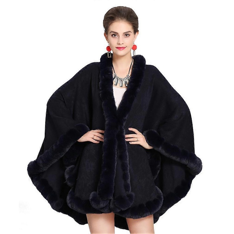 Long Wraps Shawls Winter Warm Cape with Faux Fur Trimming for Lady Black | Fruugo SG