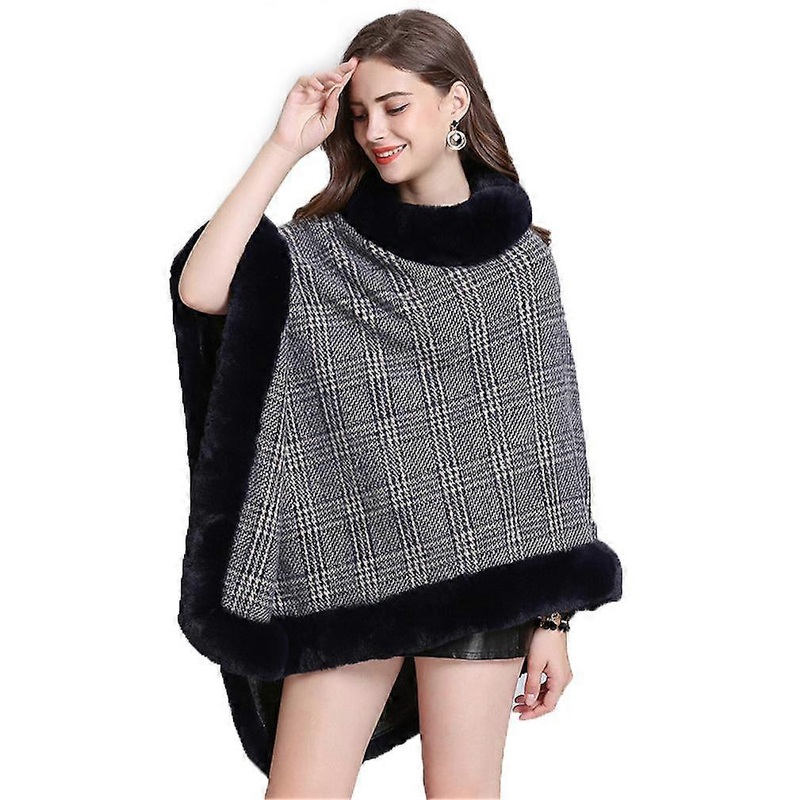 Loose Pullover Wrap Shawl with Faux Fur Trimming Plaid Blanket for Lady | Fruugo SG