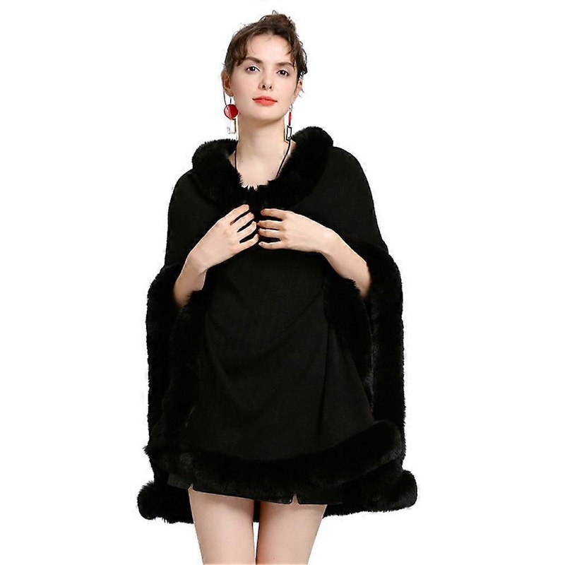 Loose Shawls with Faux Fur Trimming Elegant Pullover Cape with Round Collar for Lady Black | Fruugo SG