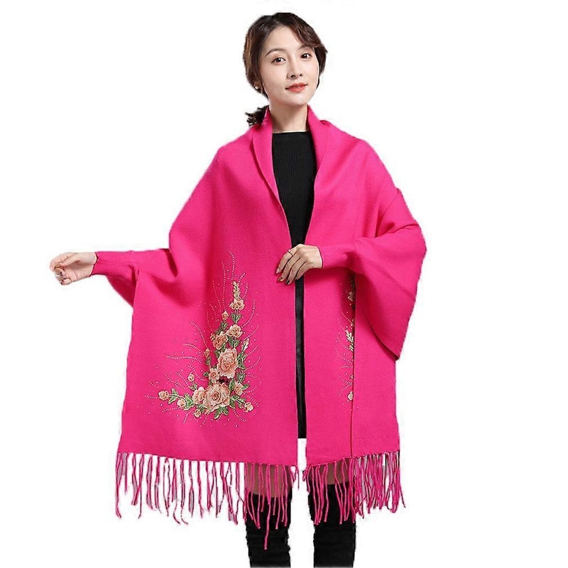 Pink Fringed Pashmina Scarf Winter Shawl Warm Wrap Open Front Poncho for Lady | Fruugo SG