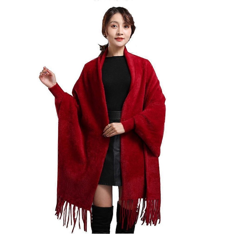Red Pashmina Scarf Fringed Shawl Winter Warm Wrap Open Front Poncho for Lady | Fruugo SG