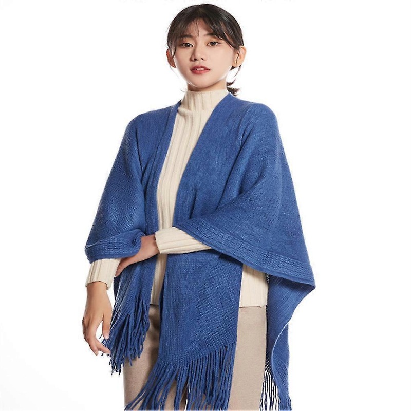 Solid Blue Poncho Pashmina Shawl Wrap Fringed Hem Winter Sweater Coat for Lady | Fruugo SG