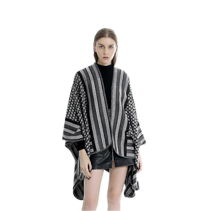 Warm Shawl Open Front Poncho Winter Coat with Geometric Pattern for Lady | Fruugo SG