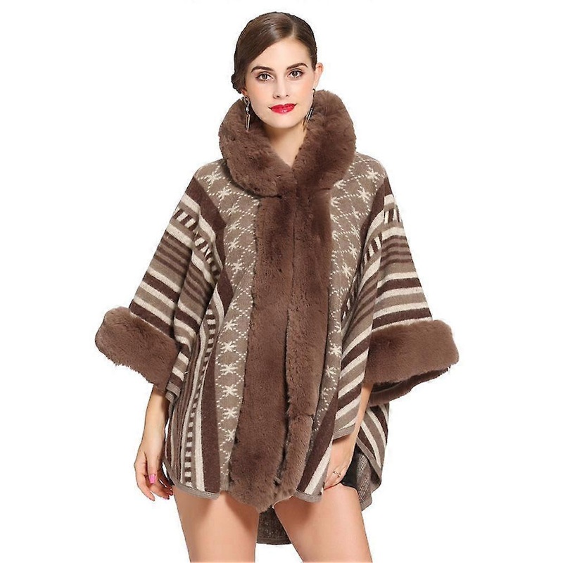 Warm Stripe Pattern Wraps Shawls with Faux Fur Trimming Crochet Cape Pullover Wrap for Lady | Fruugo SG