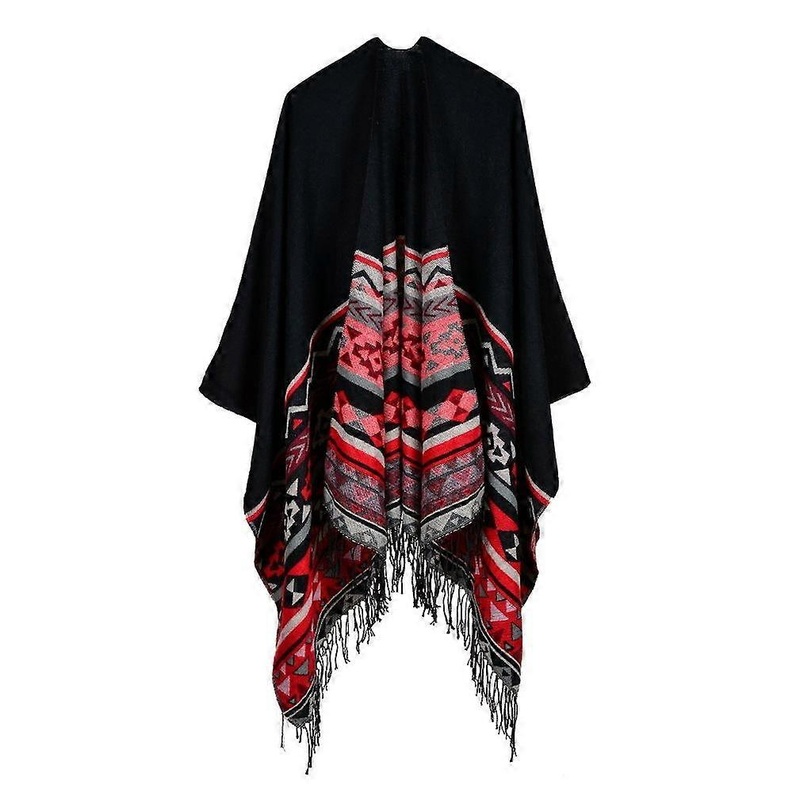 Women’s Dual Sided Poncho Long Capes Blanket Shawl Wrap Cardigan Coat Cashmere Feel with Geometric Pattern | Fruugo SG