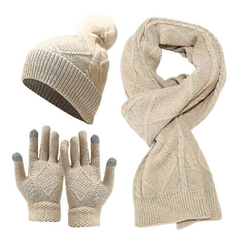 3pcs/set Women Men Cable Knit Pom Pom Beanie Hat Winter Warm Long Scarf Full Finger Gloves-MXBC | Fruugo SG