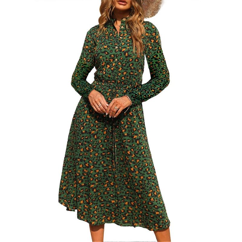 Dress Leopard Stand Collar Floral Print Long Lantern Sleeve Medium Length Dress for Lady Green L | Fruugo SG