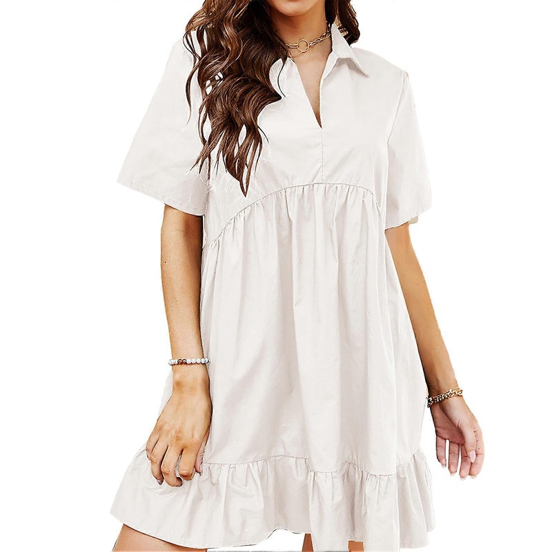 Dress Short Sleeve V Neck Lapel Pure Color Flowy Hem Comfortable Fashionable Dress for Women White XXL | Fruugo SG