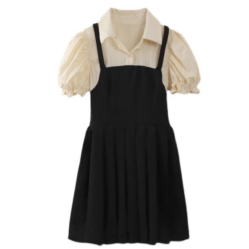 Fake Two Pieces Dress for Women Turn Down Collar Puff Sleeves Fashionable Short Sleeve Dress for Party | Fruugo SG