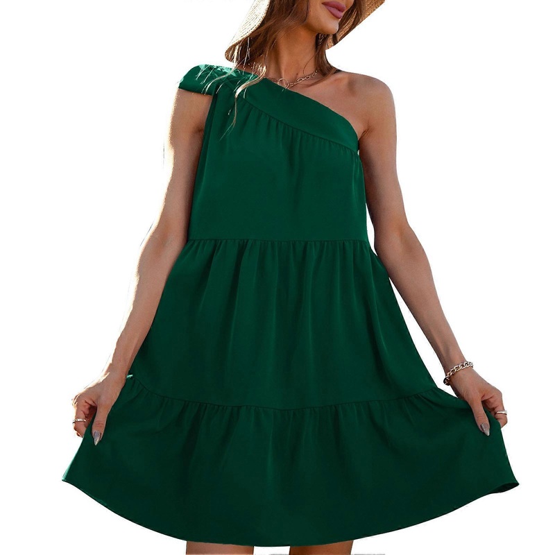 Tie Knot One Shoulder Dress Ruffle Hem Pure Color Sleeveless Casual Summer Women Dress Dark Green XL | Fruugo SG