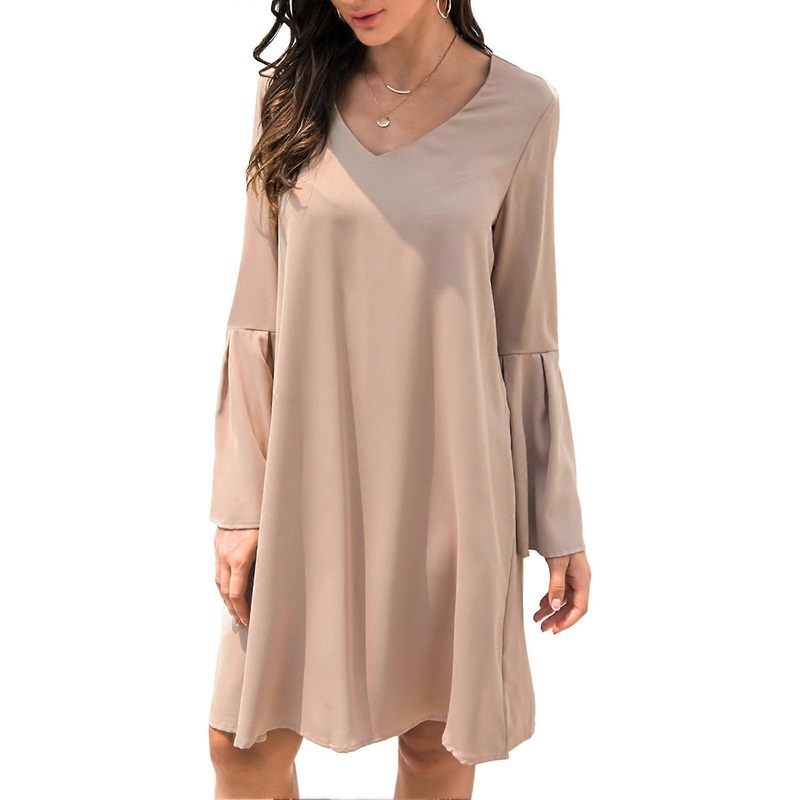 Bell Sleeve Dress V Neck Bell Long Sleeves Simple Stylish Comfortable Loose Casual Dress for Daily Life Khaki M | Fruugo SG