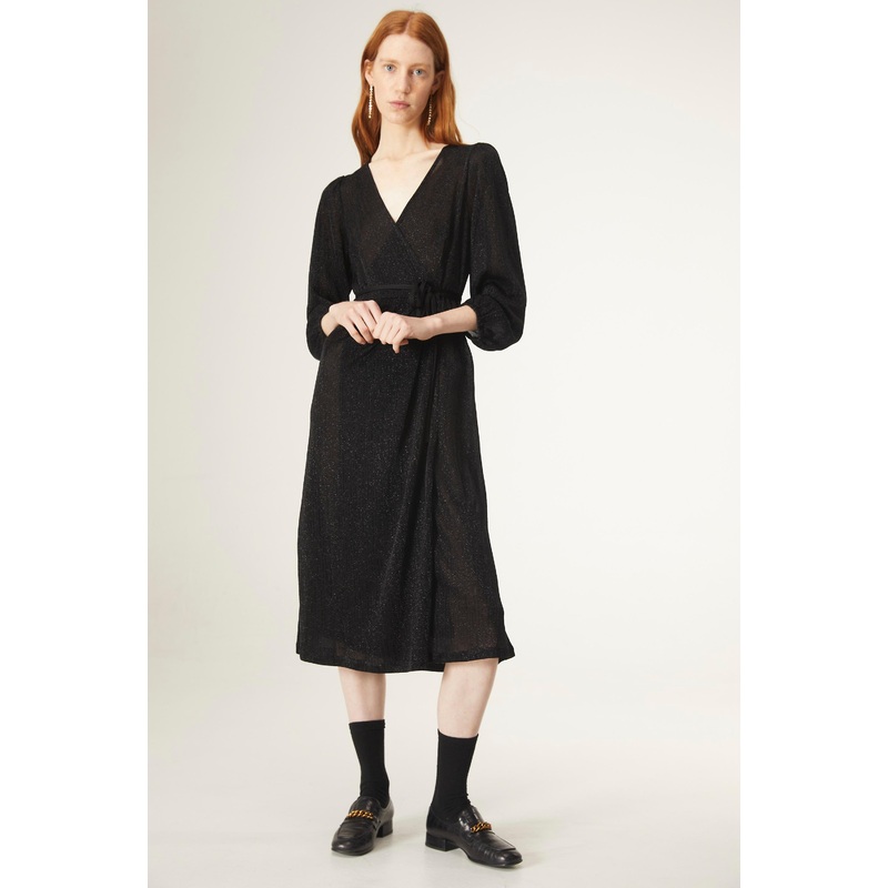 Black midi wrap dress with Vneck in sparkly lurex by Compania Fantastica | Fruugo SG