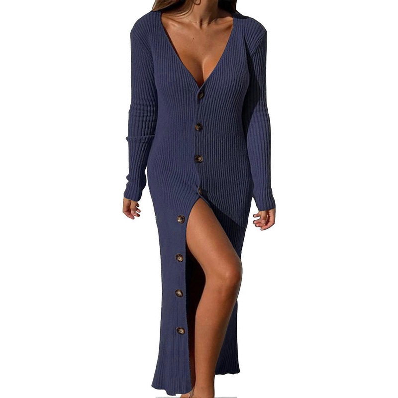 Button Down Knit Sweater Dress Single Breasted V Neck Long Sleeve Open Front Casual Ribbed Knit Dress for Women | Fruugo SG