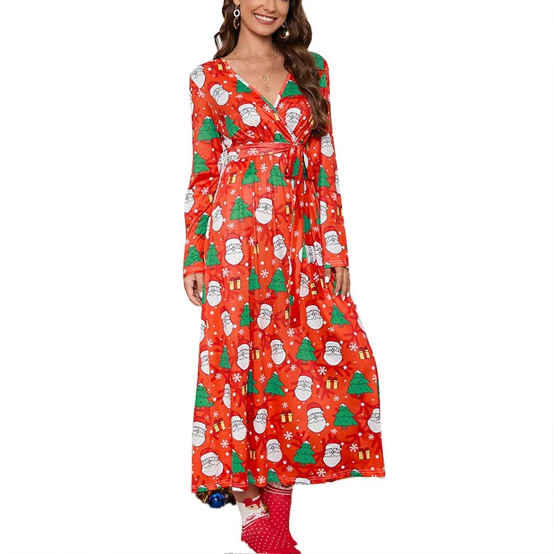 Christmas Print Dress Long Sleeve V Neck Loose Comfortable Waist Tie Fall Winter Long Dress for Family Holiday Parties LQ477 Laoren L | Fruugo SG
