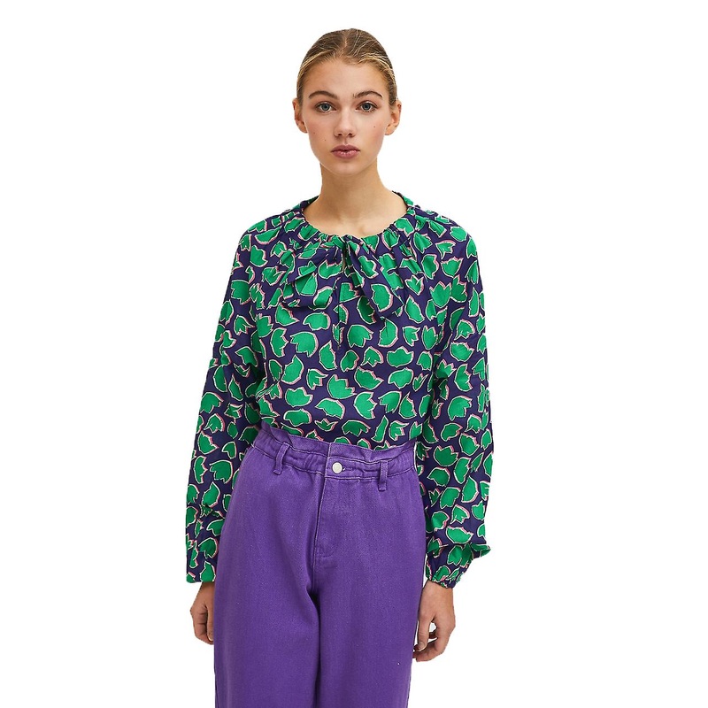 Compania Fantastica Blouse with puff arms and keyhole neck in blue green floral tulip print FA21SAM14 | Fruugo SG