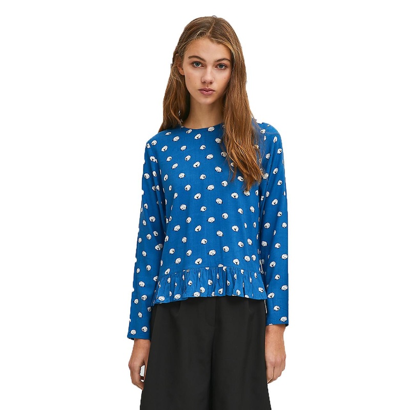 Compania Fantastica Frilled blouse top with blue sheep animal print FA21SHE33 | Fruugo SG