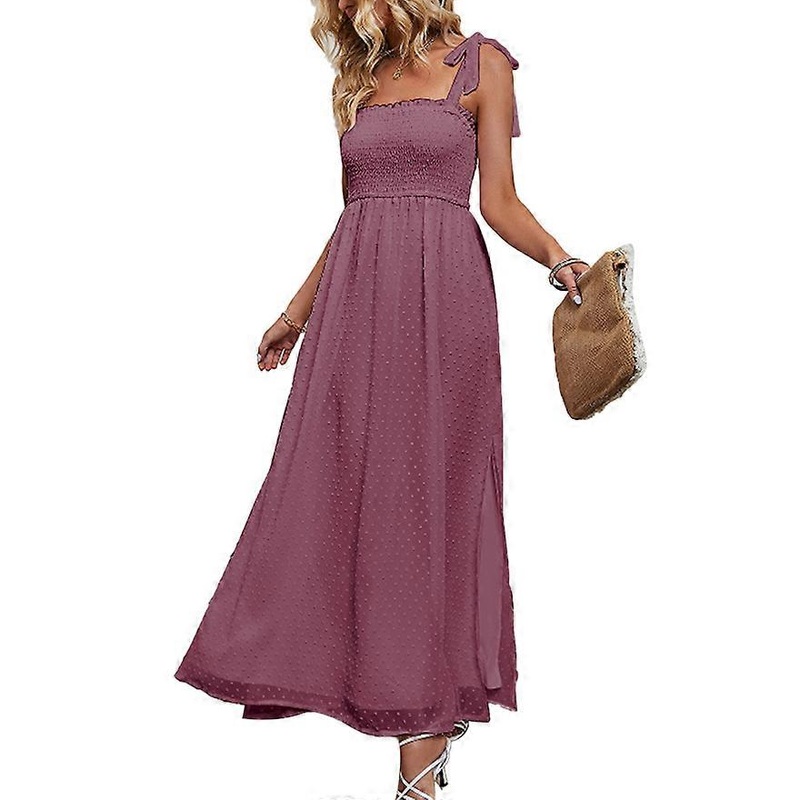Dot Smocked Long Sun Dress Pure Color Bow Shoulder Strap Square Neck Side Split Maxi Dress for Birthday | Fruugo SG
