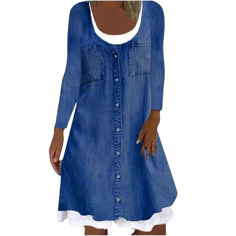 Dress Long Sleeve Round Neck Fake Two Piece Fashionable Comfortable Dress for Women Pure Dark Blue L | Fruugo SG