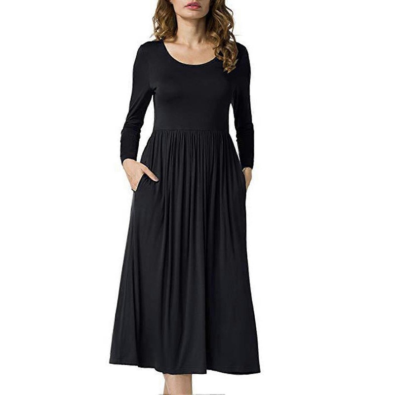 Dress Long Sleeve Round Neck Pure Color Flowy Swing Hem Comfortable Dress for Women Black S | Fruugo SG