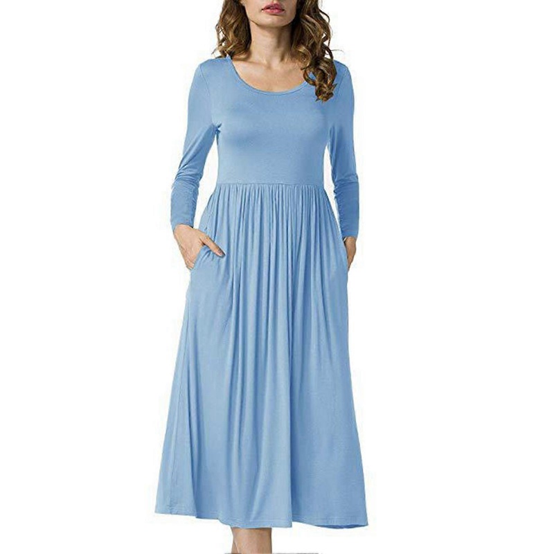 Dress Long Sleeve Round Neck Pure Color Flowy Swing Hem Comfortable Dress for Women Light Blue L | Fruugo SG