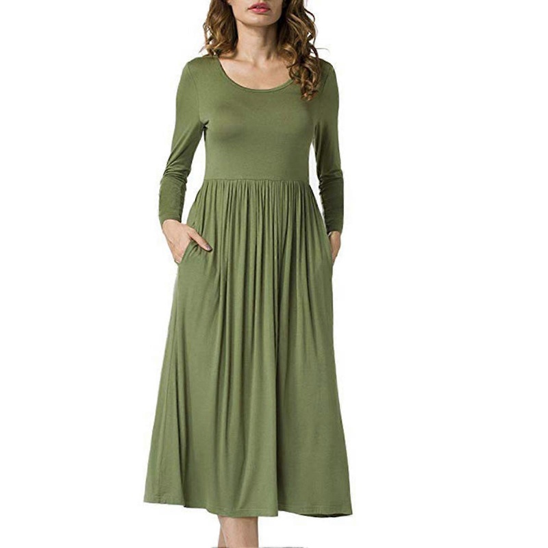 Dress Long Sleeve Round Neck Pure Color Flowy Swing Hem Comfortable Dress for Women OD Green XL | Fruugo SG