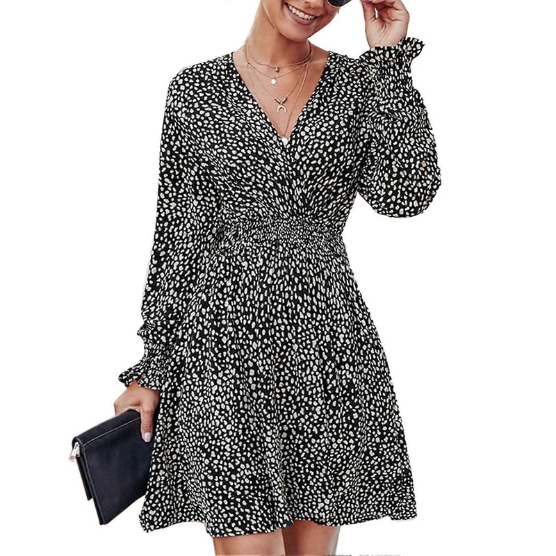 Dress Wrapped Deep V Neck Floral Print Long Sleeve A Line One Piece Dress for Women Black XXL | Fruugo SG