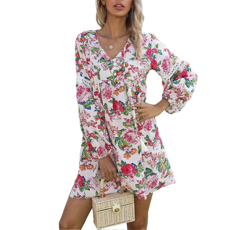Female Dress Polyester Fiber Cotton V Neck Long Sleeve Floral Printed Lace Stitching Women One Piece Dress White XL | Fruugo SG