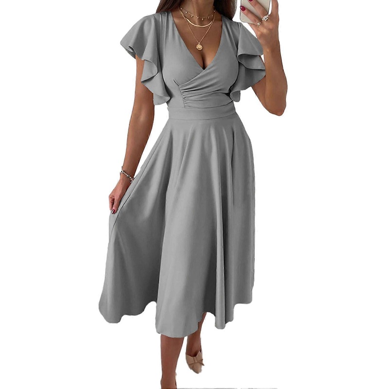 Short Ruffle Sleeve Dress Women Stylish Elegant Pure Color Wrap V Neck Waist Gathered Midi Dress for Work Grey M | Fruugo SG