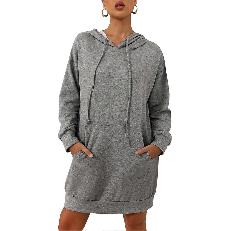 Sweatshirt Dress Long Sleeve Pocket Pure Color V Neck Knee Length Casual Sweater Dress for Women Dark Gray XXL | Fruugo SG