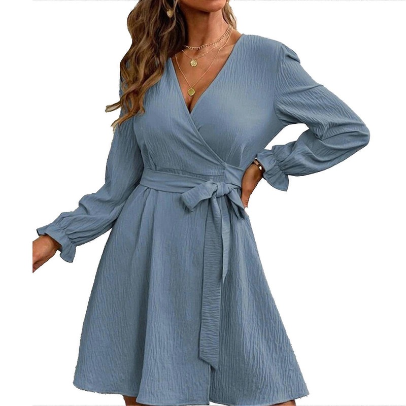 V Neck Dress Pure Color Balloon Long Sleeves Polyester Fiber Casual Belted Dress for Daily Shopping Blue XXL | Fruugo SG