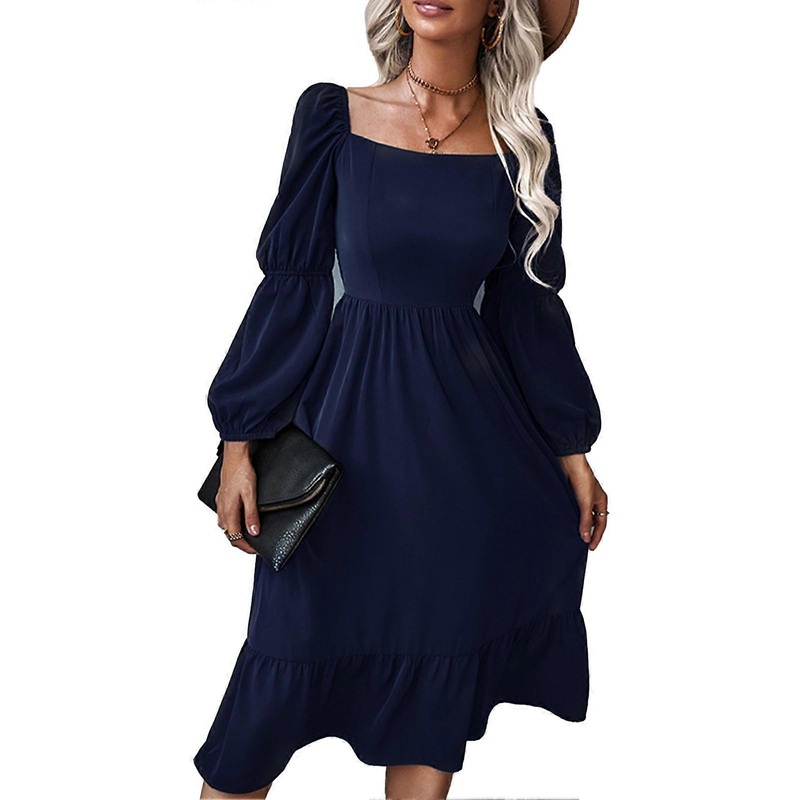 Women Lantern Sleeves Dress Square Neck Elastic Back Ruffle Stitching Pure Color A Line Casual Flowy Dress Navy Blue L | Fruugo SG
