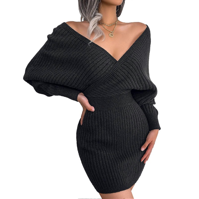 Women Long Sleeve Wrap V Neck Knit Dress Elegant Pure Color Bodycon Sweater Dress for Work Dating Black S | Fruugo SG
