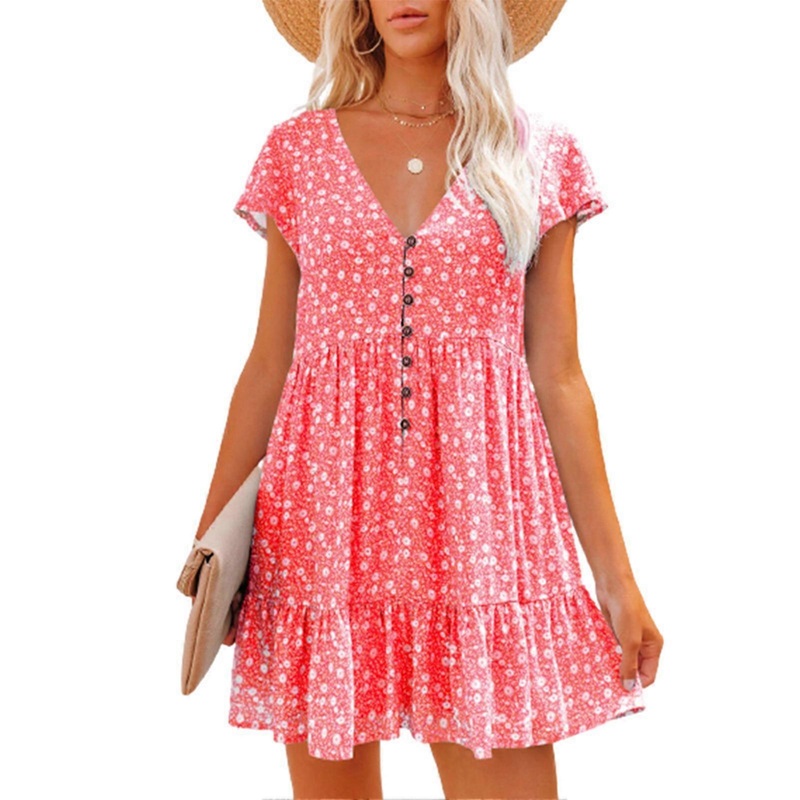 Women Short Sleeve V Neck Dress Button Front Floral Print Summer Loose Casual Swing Dress | Fruugo SG