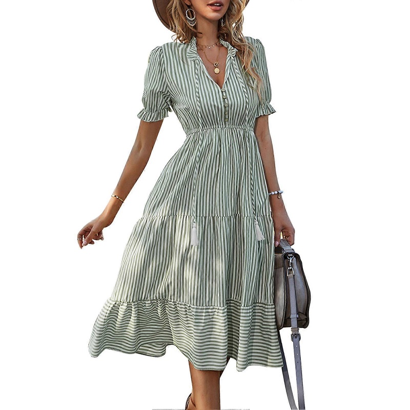 Women Summer Striped Dress Button Frill Trim Stand Collar Ruffle Splicing V Neck Tassel Tie Dress Pea Green XL | Fruugo SG