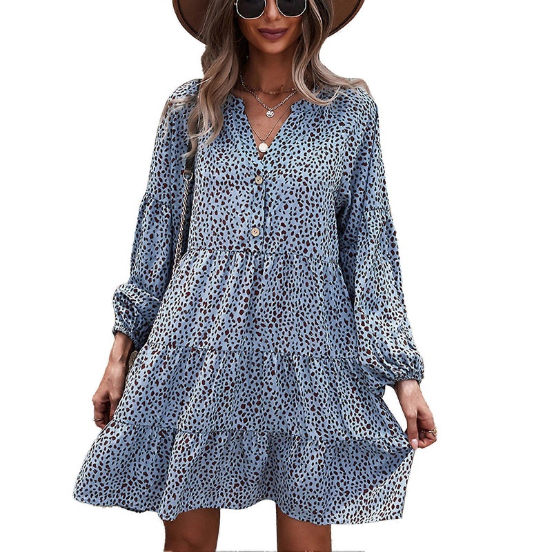 Women Summer Tunic Dress Long Drop Shoulder Sleeve V Neck Panther Print Long Sleeve Dress for Party Business Travel Blue S | Fruugo SG
