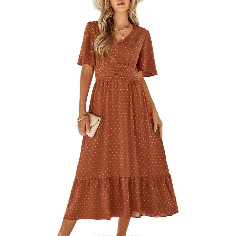 Women V Neck Short Ruffle Sleeve Dress Summer Casual Swiss Dot Shirred Waist Midi Dress for Party Brick Red M | Fruugo SG
