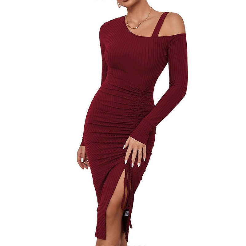 BD-One Shoulder Long Sleeve Cocktail Dress Sexy Rib Knit Slit Ruched Bodycon Wedding Guest Maxi Dresses | Fruugo SG