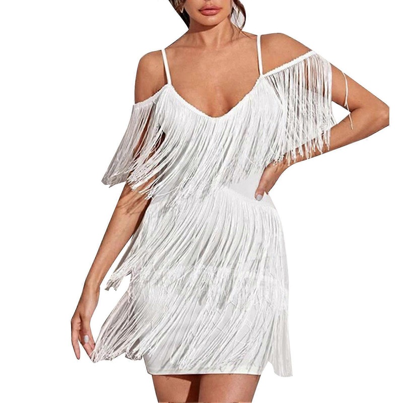 Bodycon Tassel Dress Spaghetti Strap Deep V Neck Concealed Zip Women’s Tassel Dress for Party White S | Fruugo SG