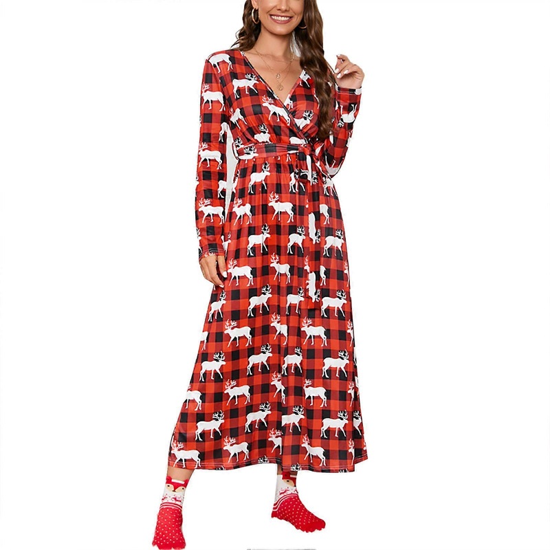 Christmas Print Dress Long Sleeve V Neck Loose Comfortable Waist Tie Fall Winter Long Dress for Family Holiday Parties LQ477 Luge S | Fruugo SG