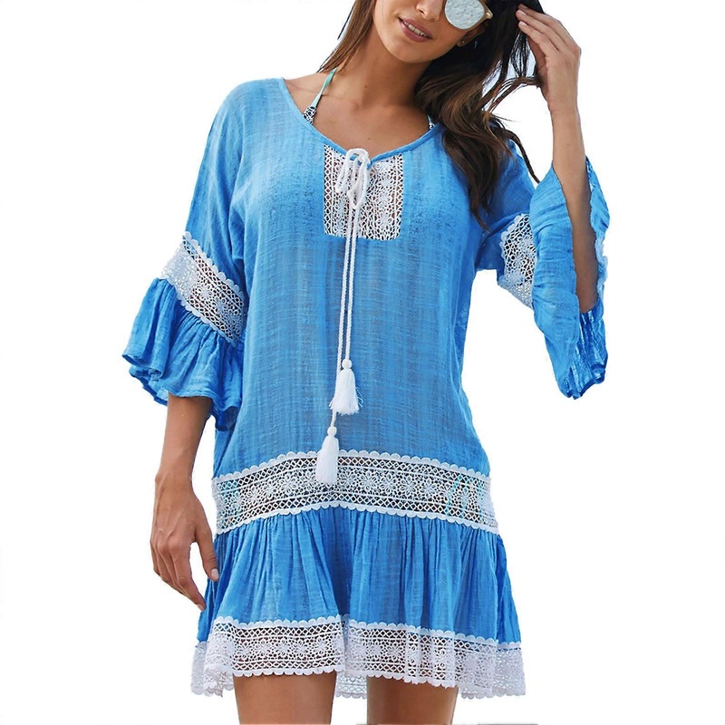Cover Up Bikini Dress Casual Fit V Neck Bell Sleeve Ruffle Hem Lace Bathsuit Cover Up Dress Lake Blue Free Size | Fruugo SG