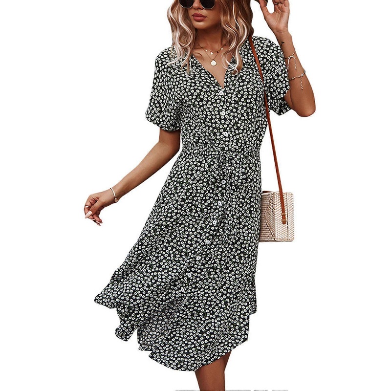 Dress Printed Casual Charming Elegant Swing Floral V Neck Tie Waist Dress for Lady Black XL | Fruugo SG
