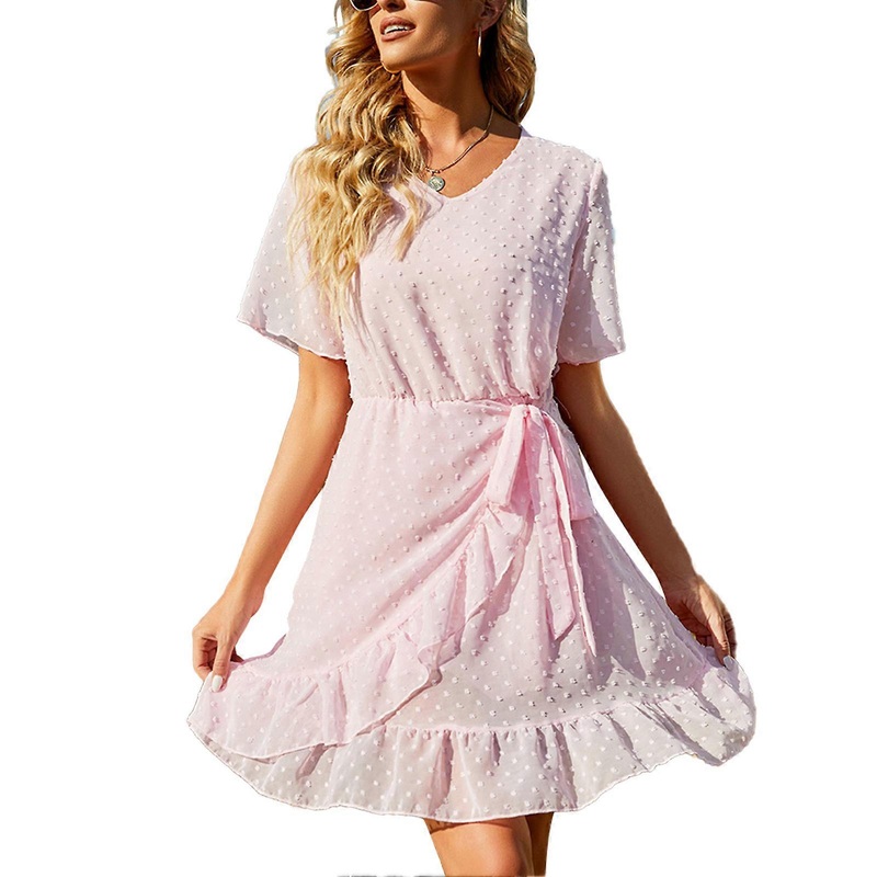 Dress V Neck Chiffon Round Dots Flounces Asymmetrical Peplum Knee Length Dress for Lady Pink S | Fruugo SG