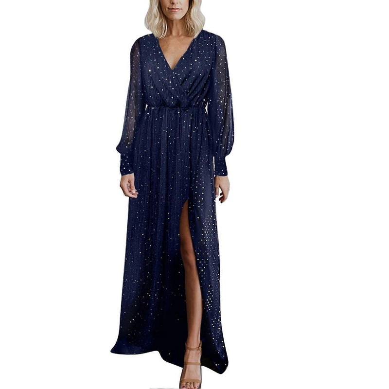 Dress V Neck Long Sleeve Pure Color Bodycon Elastic Waist Ankle Length Dress for Lady Dark Blue S | Fruugo SG