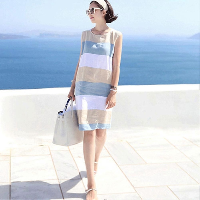 Fashion Women Contrast Color Dress Round Neck Sleeveless Knee Length Cotton Dress (XL) | Fruugo SG
