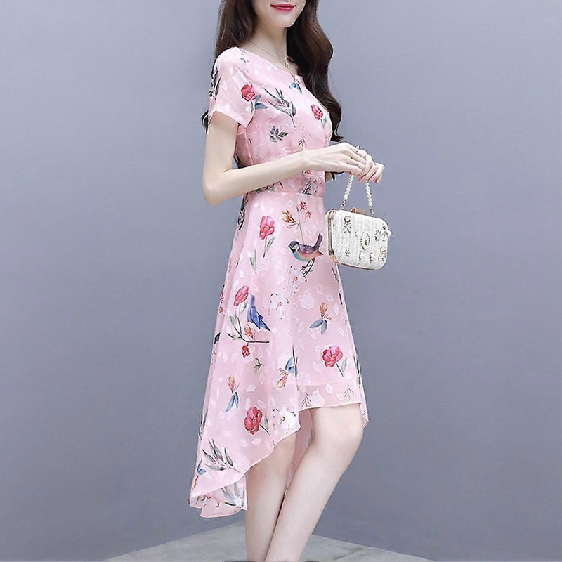 Fashion Women Floral Print Irregular Hem Short Sleeve Round Collar One Piece Long Dress (XL) | Fruugo SG