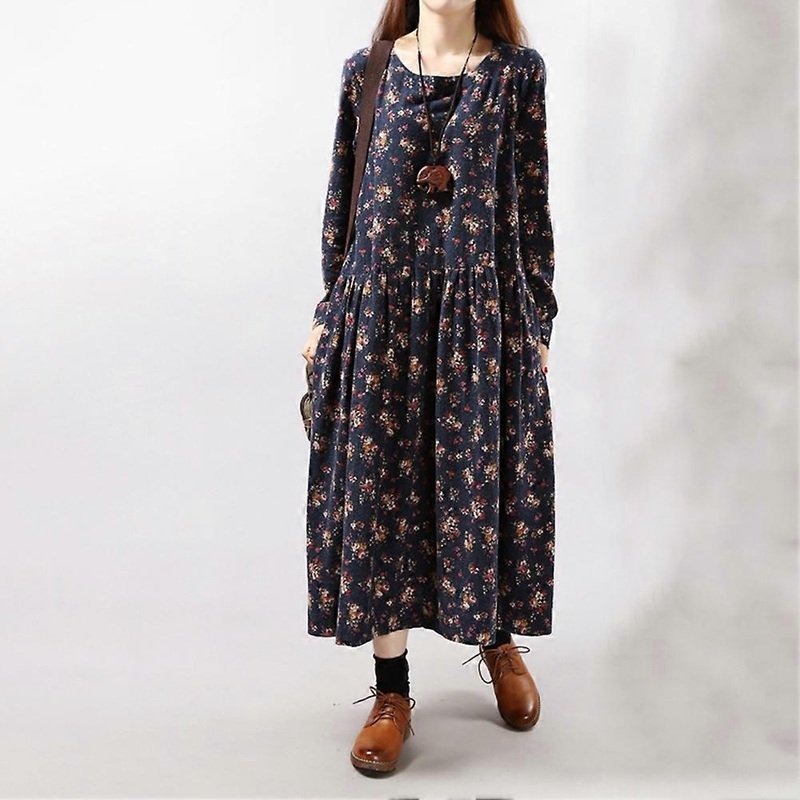 Fashion Women Lady Floral Printed Long Sleeve Loose Dress Spring Autumn (Navy Blue XXL) | Fruugo SG