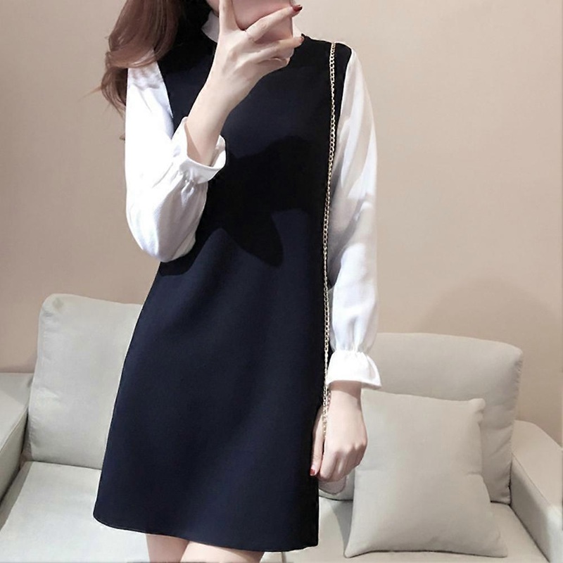 Fashion Women Stitching Dress Stand Collar Long Sleeve Above Knee Length Dress (Black XL) | Fruugo SG
