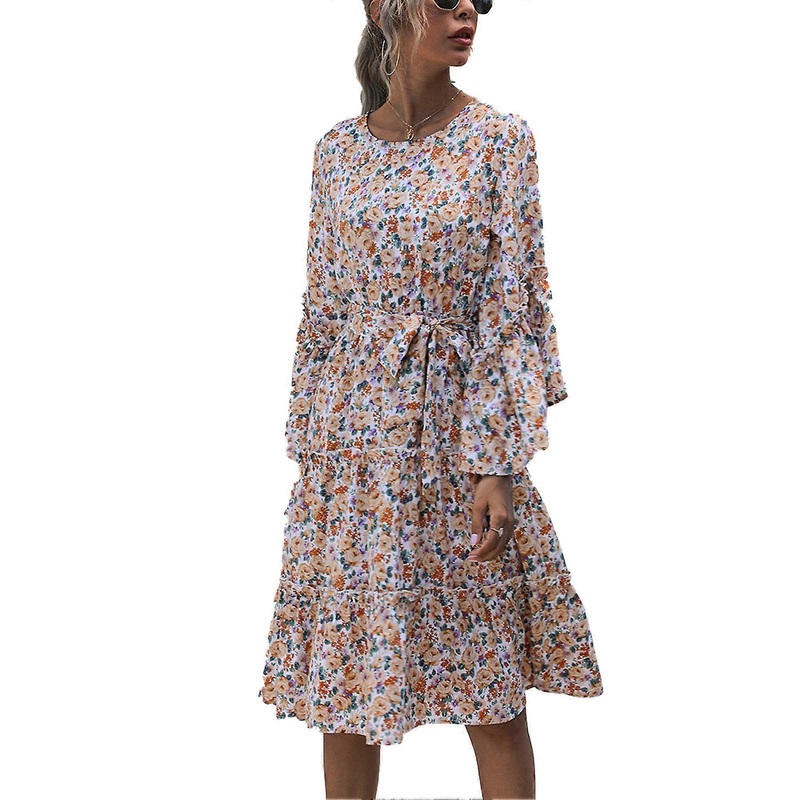 Floral Dress Round Neck Flared Long Sleeves High Tie Waist Casual Dress for Daily Work Beach Autumn Winter White XL | Fruugo SG