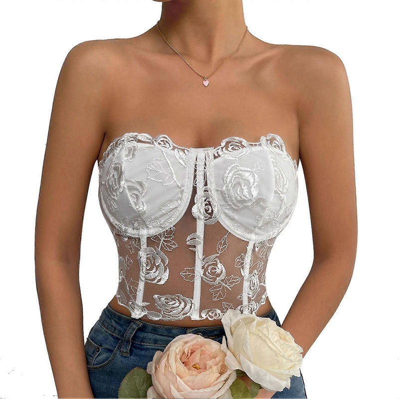 Women Lace Corset Erogenous Fashionable Rose Pattern Lace Mesh Solid Color Strapless Slimming Corset Top | Fruugo SG